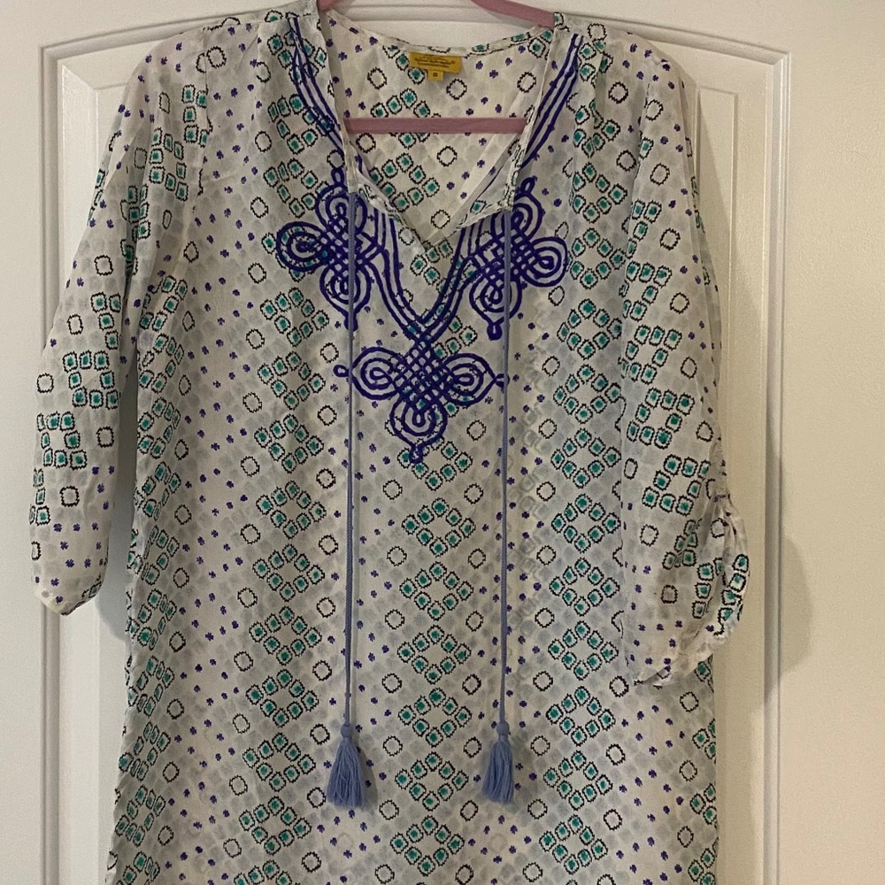 Roberta Roller Rabbit Blue and Green Silk Tunic SIZE XSMALL